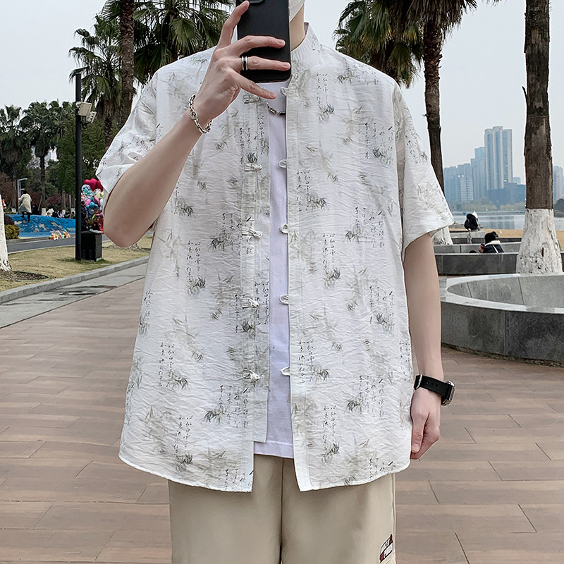 风盘扣短袖衬衫男夏季薄外套男士青年米白衬衣7005P40图片
