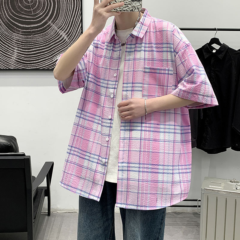 格子衬衫男士新款休闲日系短袖条纹衬衣帅气外套A056-C198P45,男装T恤,电商A056