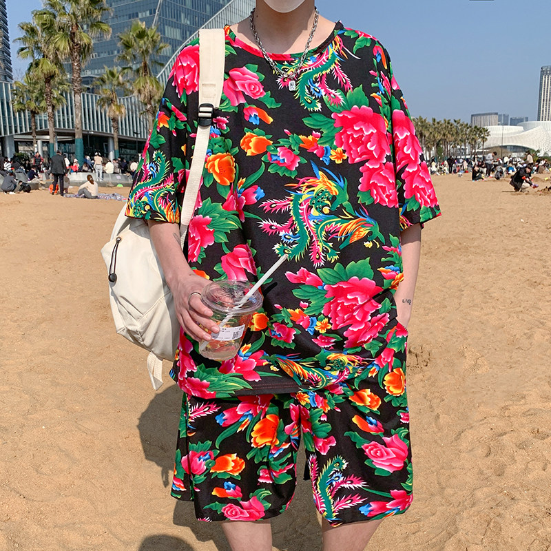 T303东北大花夏季新款男宽圆领T恤+五分裤子套装特P40,男装休闲套装,电商A056