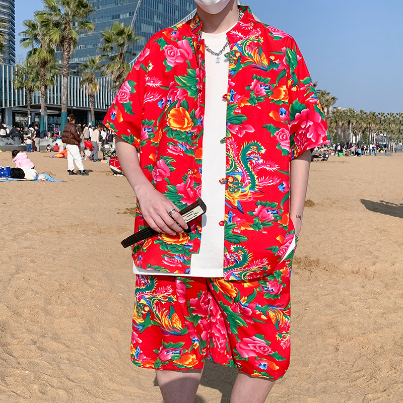 C138东北大花新中式盘扣休闲衬衫+短裤套装特P50，男装休闲套装，电商A056