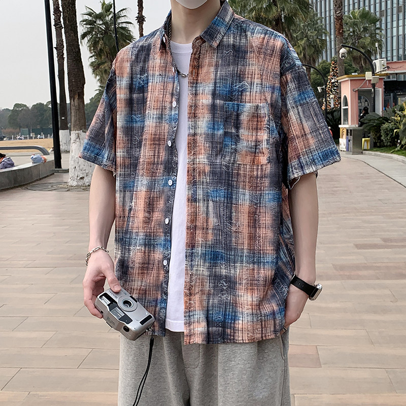 夏季新款短袖衬衫男蓝色格子时尚休闲破洞半袖衬衣7223P48,男装T恤,电商A056