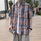 夏季新款短袖衬衫男蓝色格子时尚休闲破洞半袖衬衣7223P48，男装T恤，电商A056