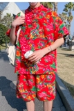 东北大花夏季新中式夏威夷短袖T恤+沙滩中裤T203套装特P45，男装休闲套装，电商A056