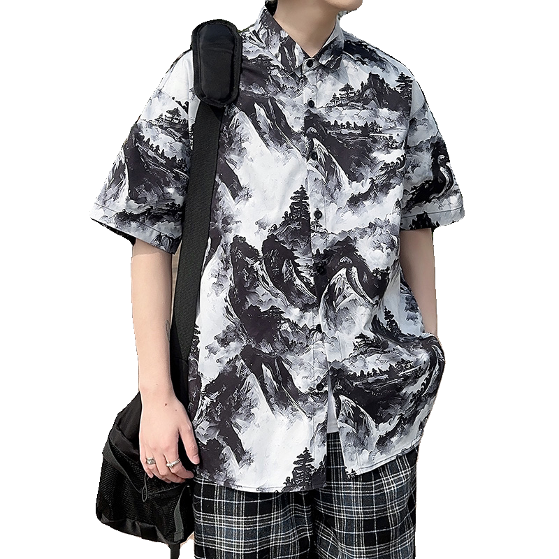 C324短袖衬衫男夏季新款港风宽松印花衬衣P35,男装T恤,电商A056