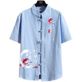 风男短袖衬衫棉麻印花男生大码纯棉衬衣A056-C147-P33，男装T恤，电商A056