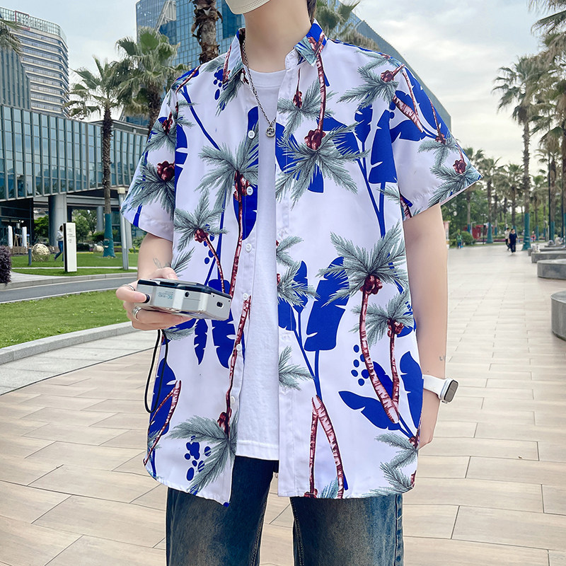 C336夏季短袖花衬衫男夏威夷风海边沙滩美式衬衣薄款透气 P35图片