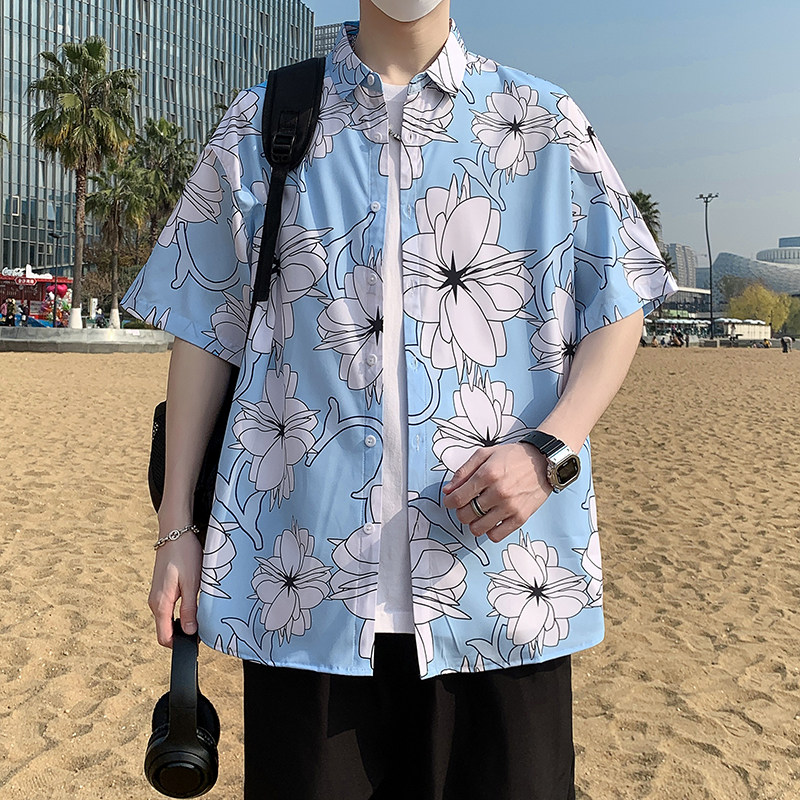 夏季短袖衬衫男士丝光棉免烫花衬衣港风男宽松印花半袖7231P35,男装T恤,电商A056