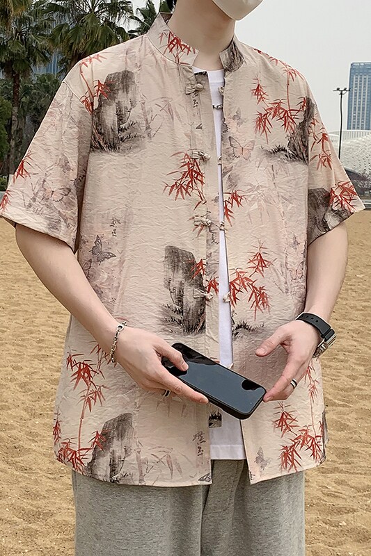 风男士夏季薄款复古盘扣汉服短袖衬衣新中式男装7008P40,男装T恤,电商A056