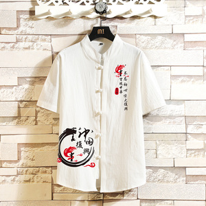 风男短袖衬衫棉麻印花男生大码纯棉衬衣A056-C147-P33图片