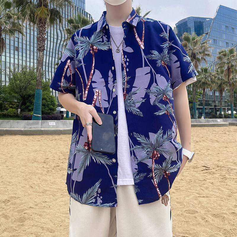 C336夏季短袖花衬衫男夏威夷风海边沙滩美式衬衣薄款透气P35,男装衬衫,电商A056