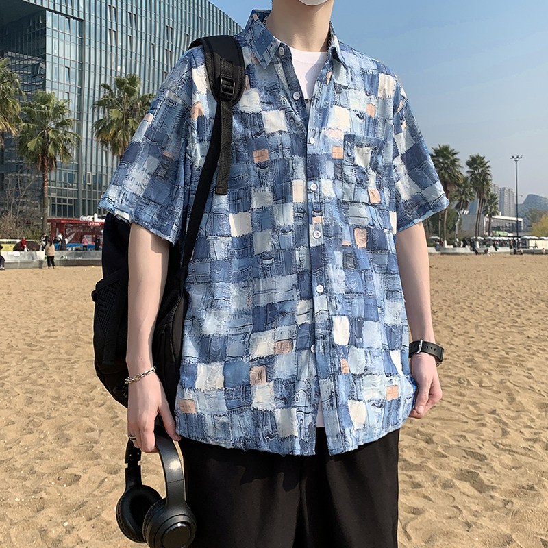 夏季新款短袖衬衫男蓝色格子时尚休闲半袖衬衣破洞7221P48,男装T恤,电商A056