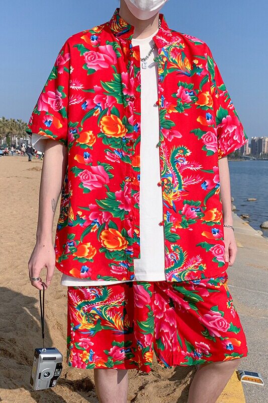 东北大花风复古盘口短袖衬衫+休闲中裤C138套装特P50,男装T恤,电商A056