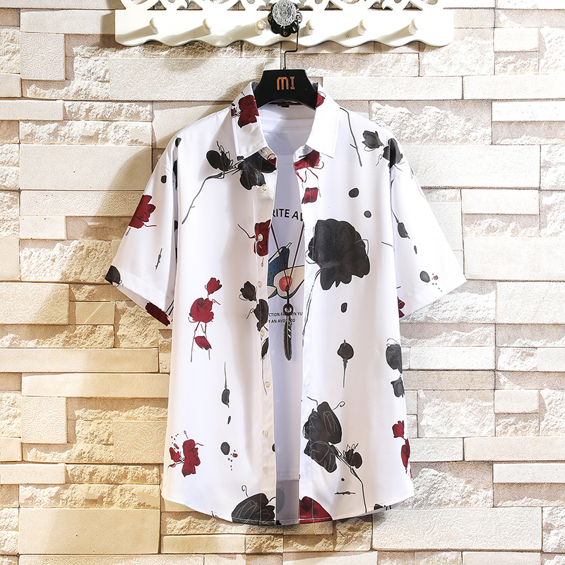 风男短袖印花白色黑色加肥大码衬衫056-C172-P45，男装T恤，电商A056