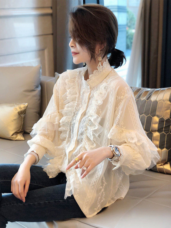 Xian Qi jacket white Base coat Lace shirt Long sleeve Easy Stand collar Lotus leaf Blouse 2020 new patternin the Women's clothing/Boutique , Lace shirt/Chiffon shirt  category - from Buy2taobao.com to provide professional Taobao agent buy service