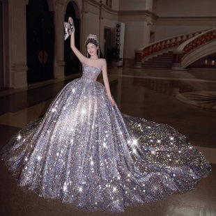 亮片抹胸主婚纱礼服新娘2025新款法式重工高级星空婚纱闪亮拖尾女
