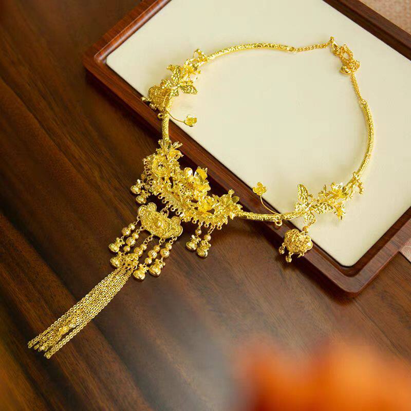 中式新娘纯金色流苏项圈秀禾服项饰福袋长命锁璎珞锁项链首饰现货