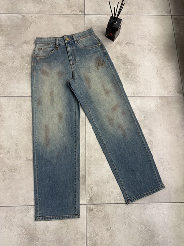 ROEN品牌新款男士复古做旧水洗超宽松阔腿蓝色牛仔裤做旧染脏裤