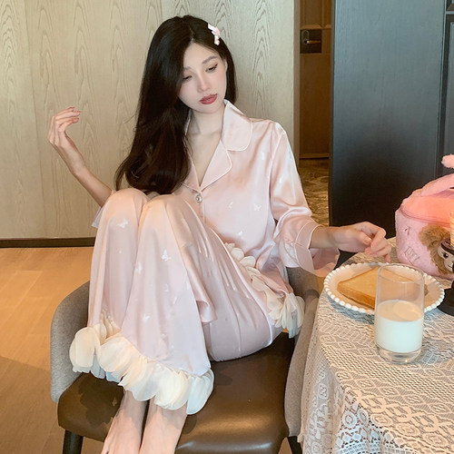 秋季韩版春新款睡衣女带胸垫冰粉色蝴蝶气质高级感家居服套1011d