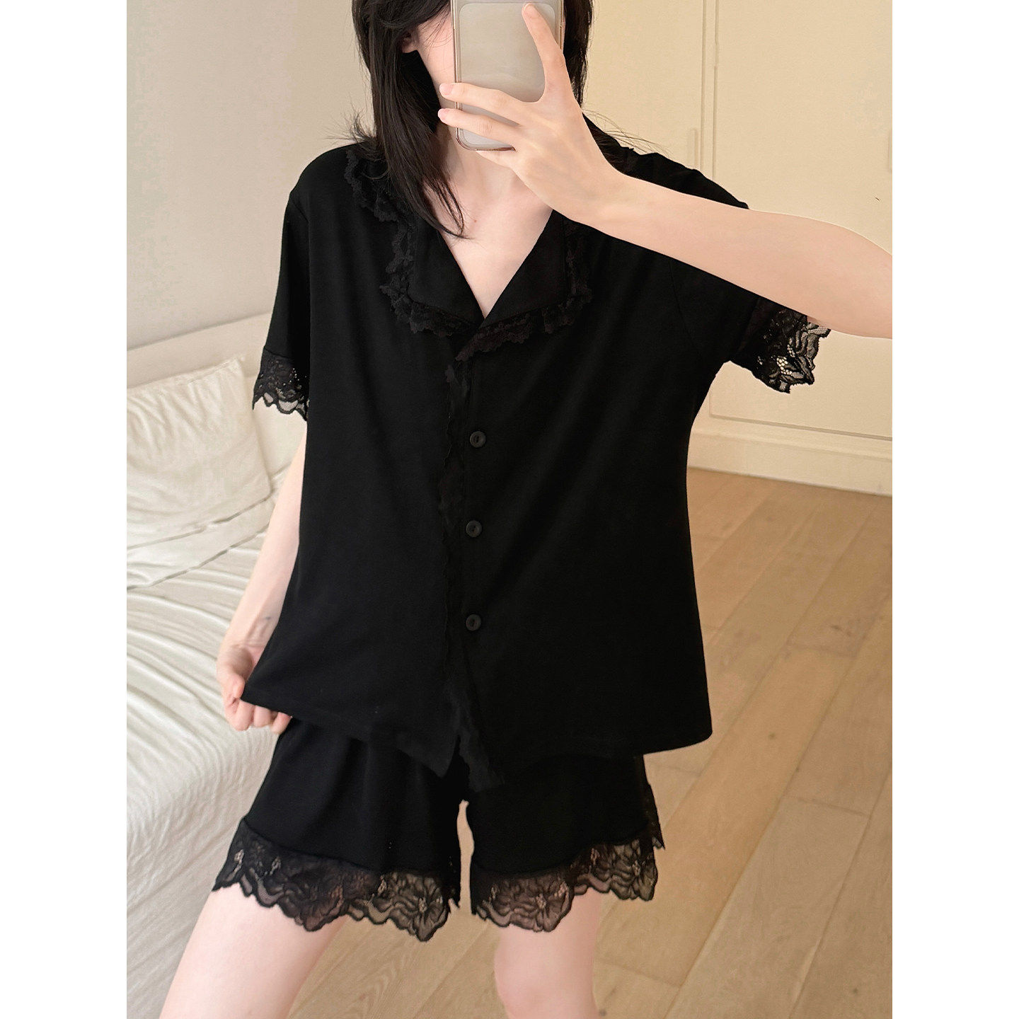 睡衣女士夏季莫代尔棉短袖2026新款黑色蕾丝花边高级感家居服套装