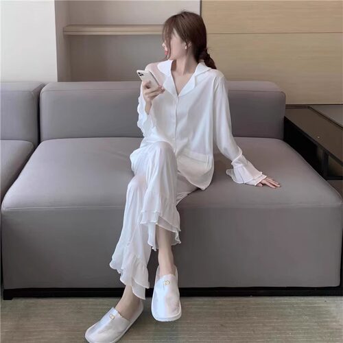 秋季冰睡衣女春2026新款荷叶边白色纯欲高级秋天凉感家居服1011d