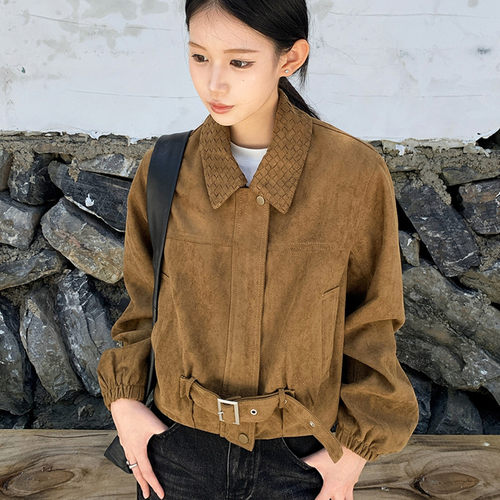 宽松休闲翻领短款麂皮绒外套女