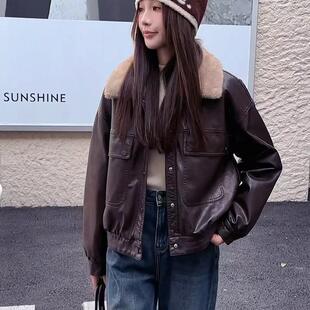 加绒皮衣外套女冬季港风复古机车内里獭兔毛皮夹克派克服短款上衣