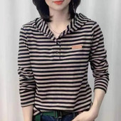 气质减龄春夏连帽T恤帽衫 女宽松休闲百搭纯棉条纹体恤上衣打底衫