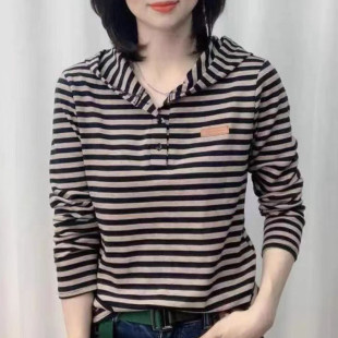 气质减龄春夏连帽T恤帽衫 女宽松休闲百搭纯棉条纹体恤上衣打底衫