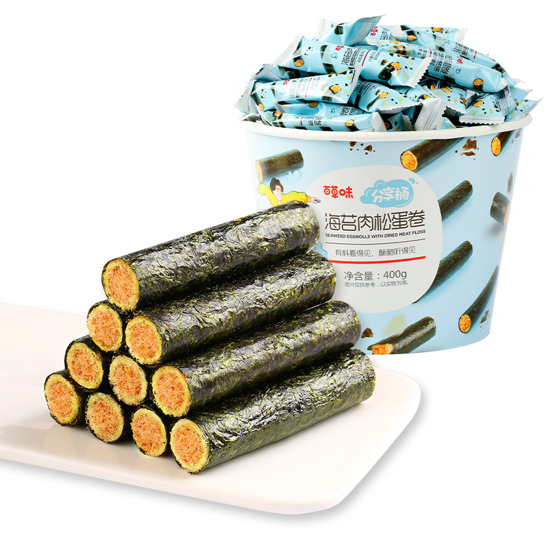 包邮百草味海苔肉松蛋卷分享桶400g饼干零食小吃休闲食品