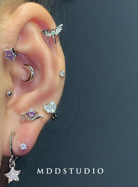 S925银色锆石紫色碎钻耀眼星星耳钉甜酷辣妹精致日常百搭耳环小巧