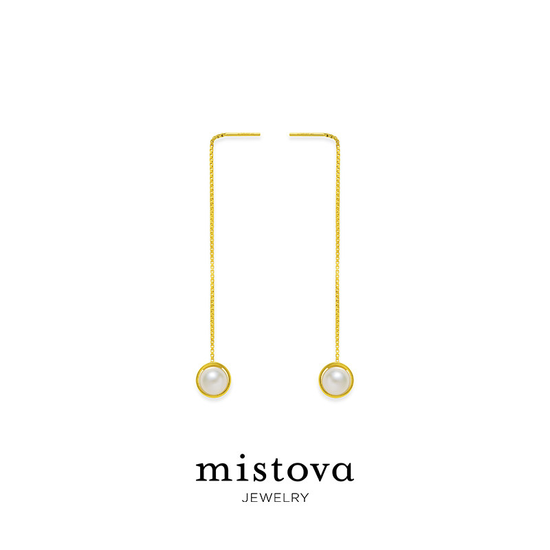 Mistova 设计师首饰女款气质18K金耳线适合圆脸的珍珠游离耳线