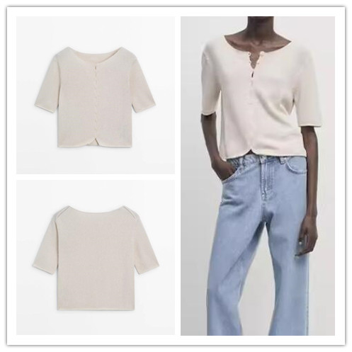 西班牙单 现货 2024女装极简优雅风纯棉短版圆领短袖针织开衫上衣