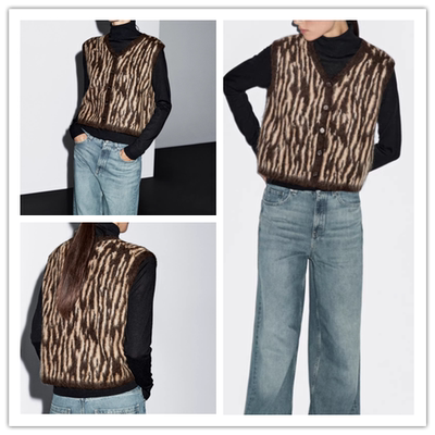 西班牙单 现货 2025女装复古通勤风针织衫开衫斑马纹针织马甲背心