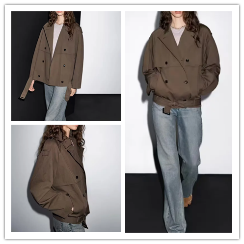 西班牙单 现货 2025秋季新品肩章上衣时尚休闲系腰带短款翻领外套