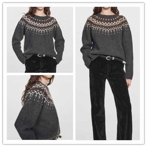 西班牙单 现货 2025秋冬女装休闲名族风圆领毛衣针织衫套头衫灰色