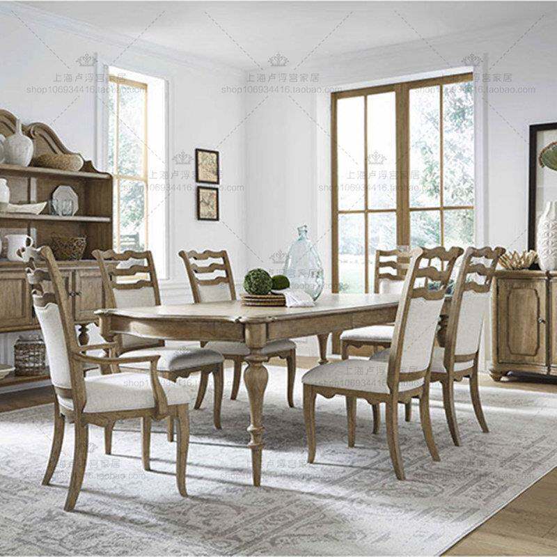 美式乡村复古家用长方形餐桌椅组合 法式实木样板间客厅餐桌餐椅