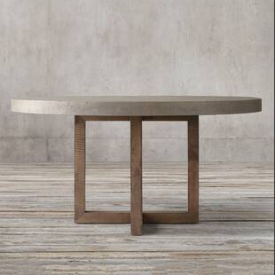 侘寂风实木仿水泥餐桌美式复古做旧木质茶桌设计师民宿圆形大餐台