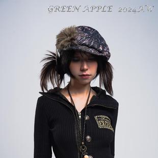 GreenApple原创Y2K涩谷辣妹亚比可伸缩贝雷帽复古豹纹毛毛八角帽