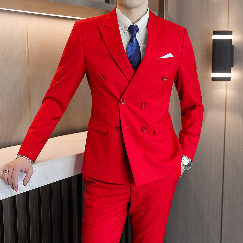 双排扣西服套装三件套男士商务休闲正装红色西装外套新郎结婚礼服