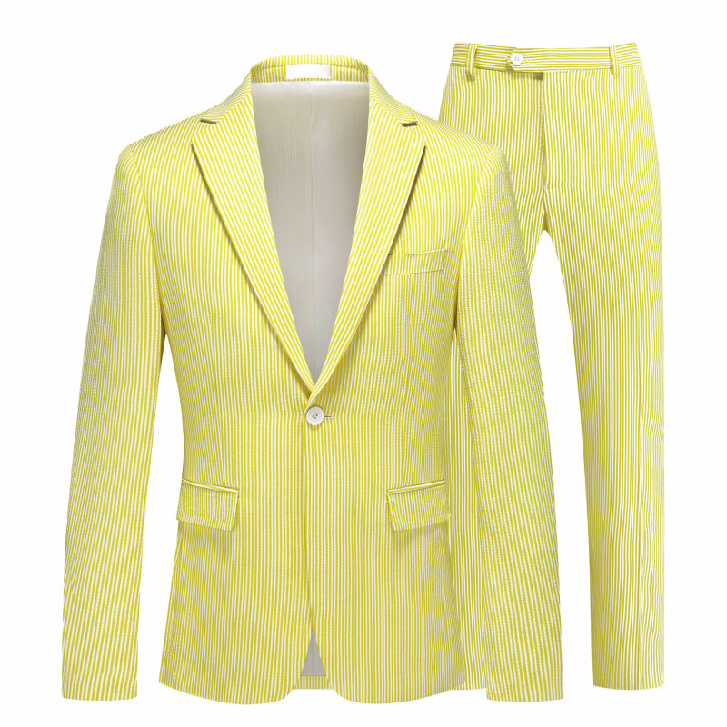 春夏薄款条纹黄色西装套装男大码商务休闲正装西服外套舞台演出服