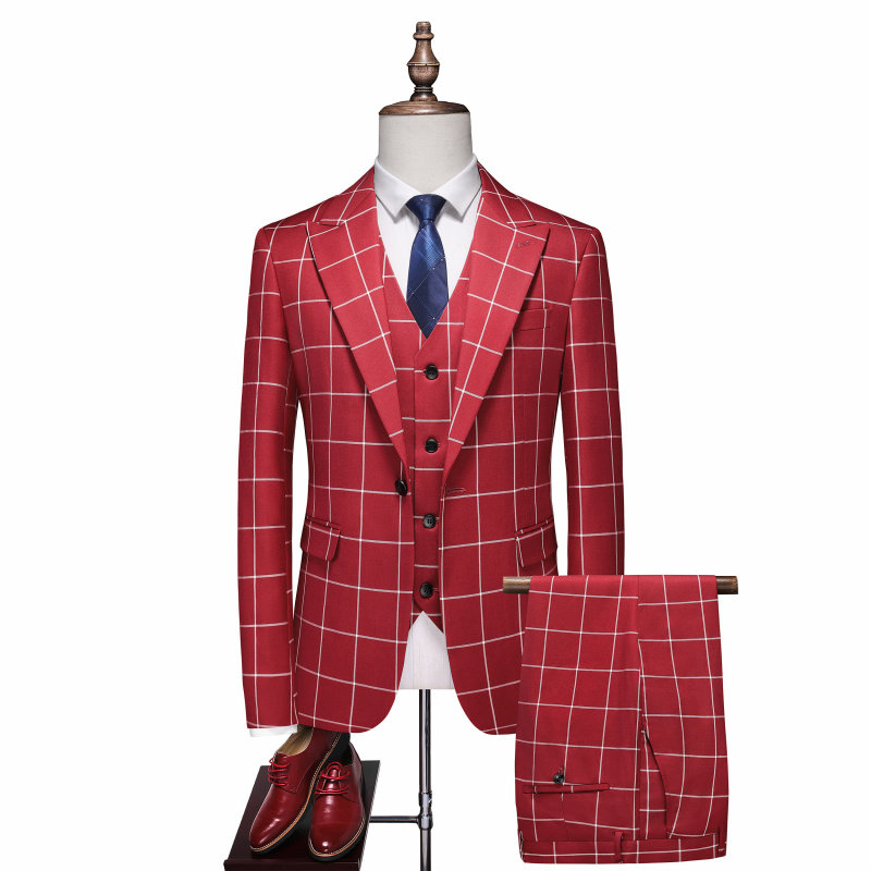 酒红色西服外套男式大码商务休闲正装西装套装格子舞台演出礼服春