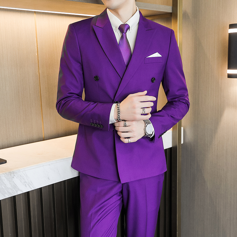 紫色双排扣西服套装男大码商务休闲正装西装外套理发师舞台演出服
