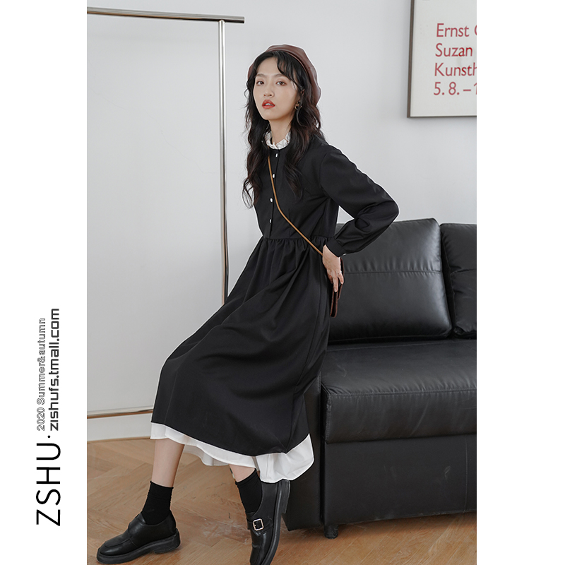 孜书 2023年春秋女装新款小众设计感法式赫本风黑色连衣裙中长款