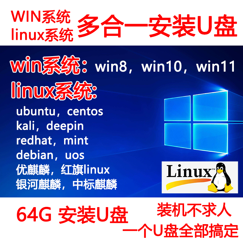 linux系统U盘+win11 10 8国产系统安装U盘多合一系统盘pe