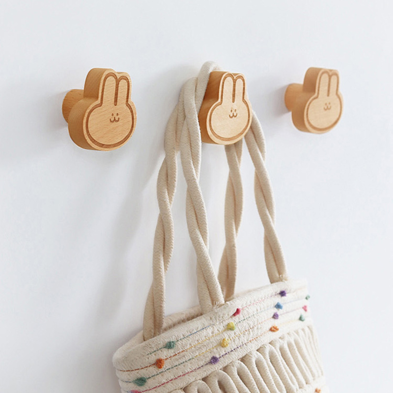 ins木质粘钩免打孔强力粘胶木质简约卡通小兔子衣服挂钩两用BH120