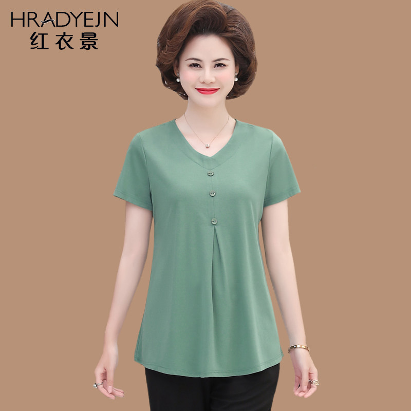中年女士夏装短袖t恤小衫宽松洋气中老年女装上衣妈妈装大码新品
