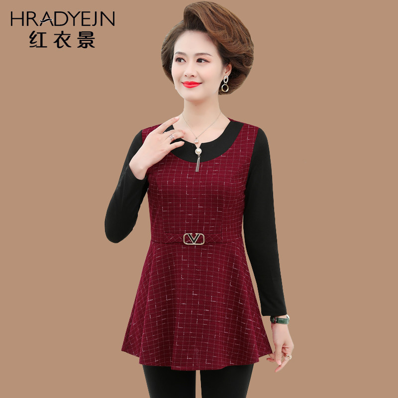 2021新款妈妈秋装连衣裙中长款打底衫中老年女装大码长袖t恤上衣