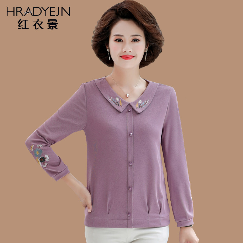中老年女装长袖t恤衫秋装新款绣花妈妈装短款打底衫宽松大码上衣