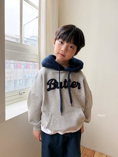 beni韩国童装2025冬新款dsaint儿童带帽T恤男女童长袖t保暖字母