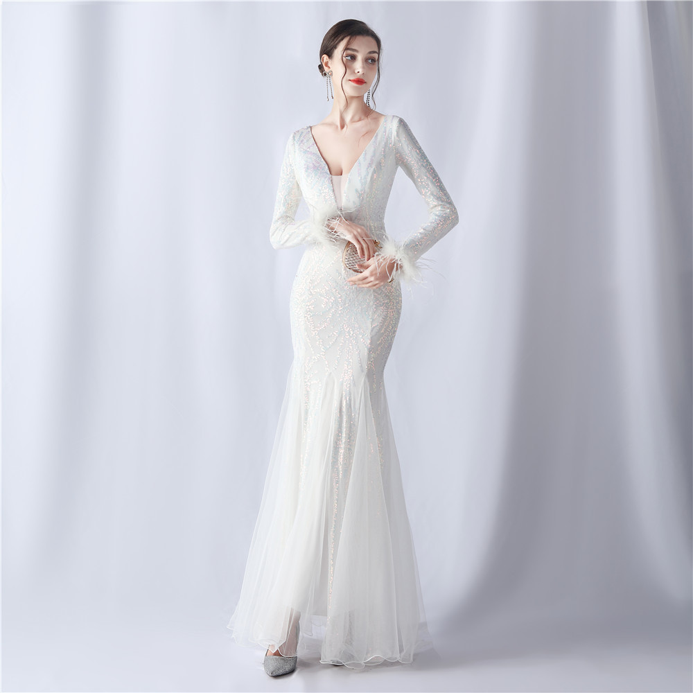 时尚深v长袖晚礼服长款婚纱晚礼